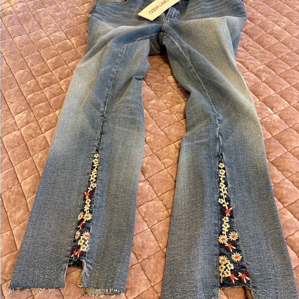 DRIFTWOOD Blue Embroidered Flare Jeans with Floral Trim - Picture 4 of 7